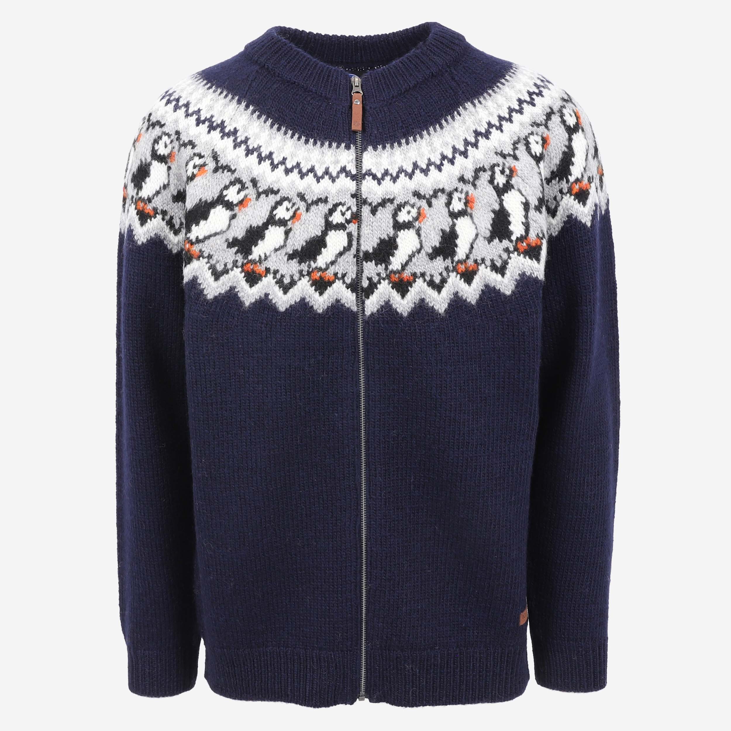 Lundi Wollpullover mit Reißverschluss und Papageientaucher-Design