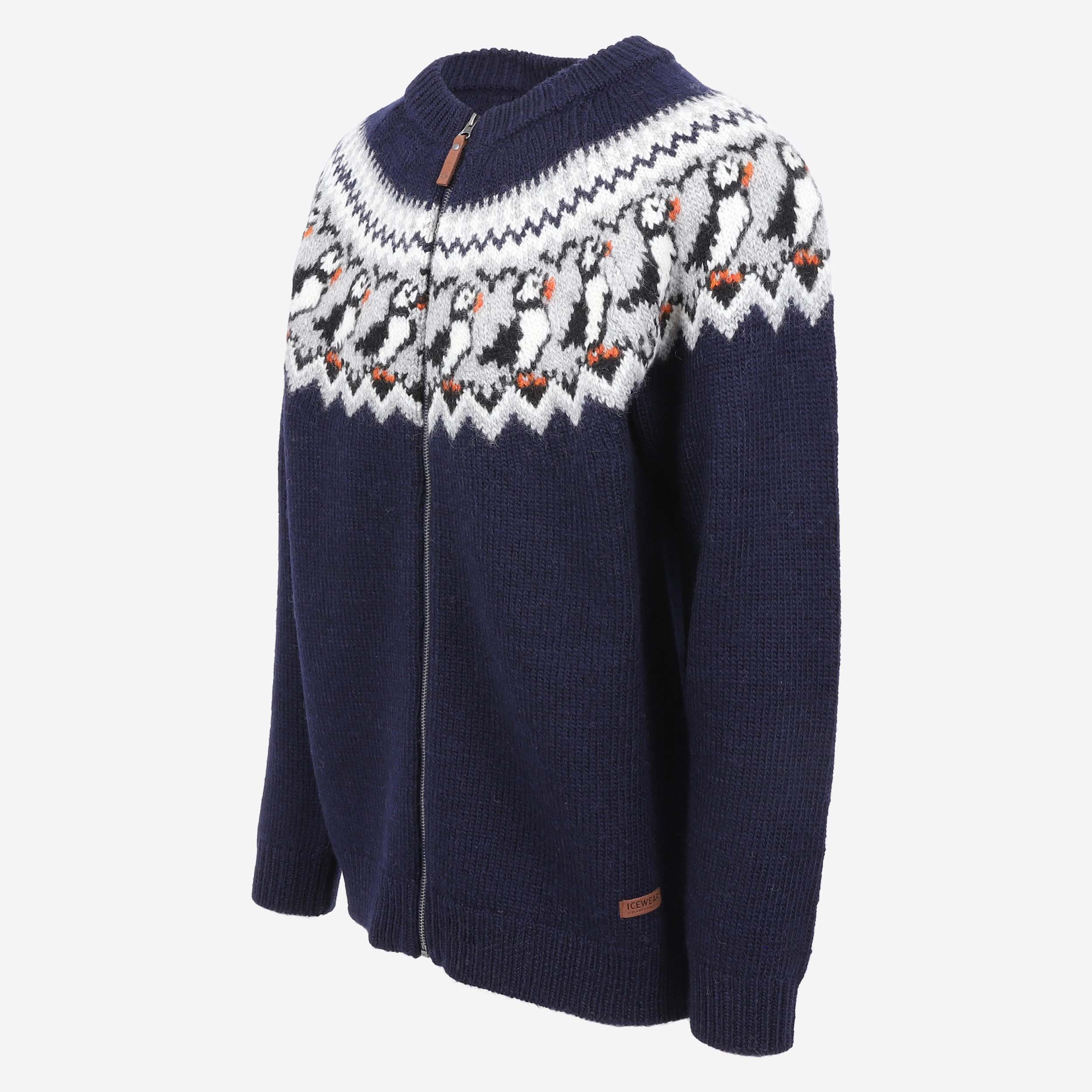 Lundi Wollpullover mit Reißverschluss und Papageientaucher-Design