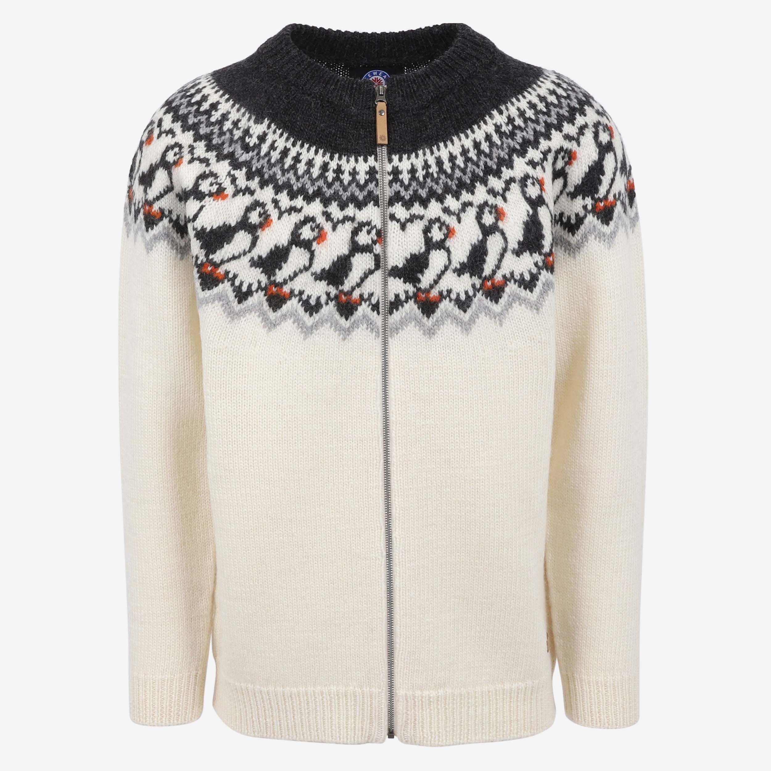 Lundi Puffin bird patterned zipped wool sweater